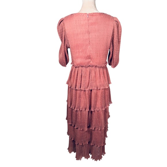 English Factory Pleated Tiered Midi Dress Mauve Puff Sleeve Ruffle Sz M Peasant - Picture 8 of 16